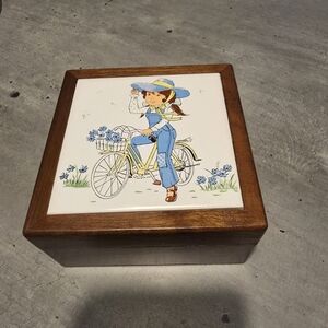 Vintage Hand painted tile-top jewelry box. A Girl Riding Her Bike, Big Hat